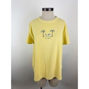 Life is Good T-Shirt Women's Hammock Beach Palm Trees Yellow Classic Tee